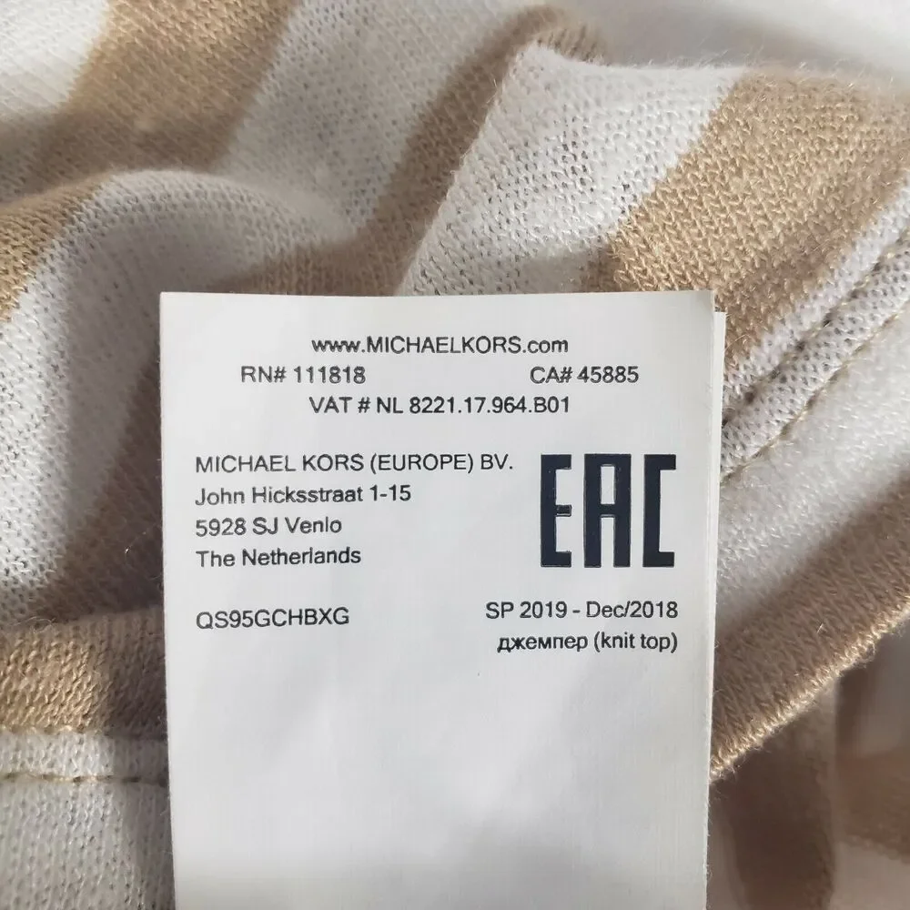Michael Kors Women's Top Large Striped Linen Blend Beige Front Tie Short Sleeve